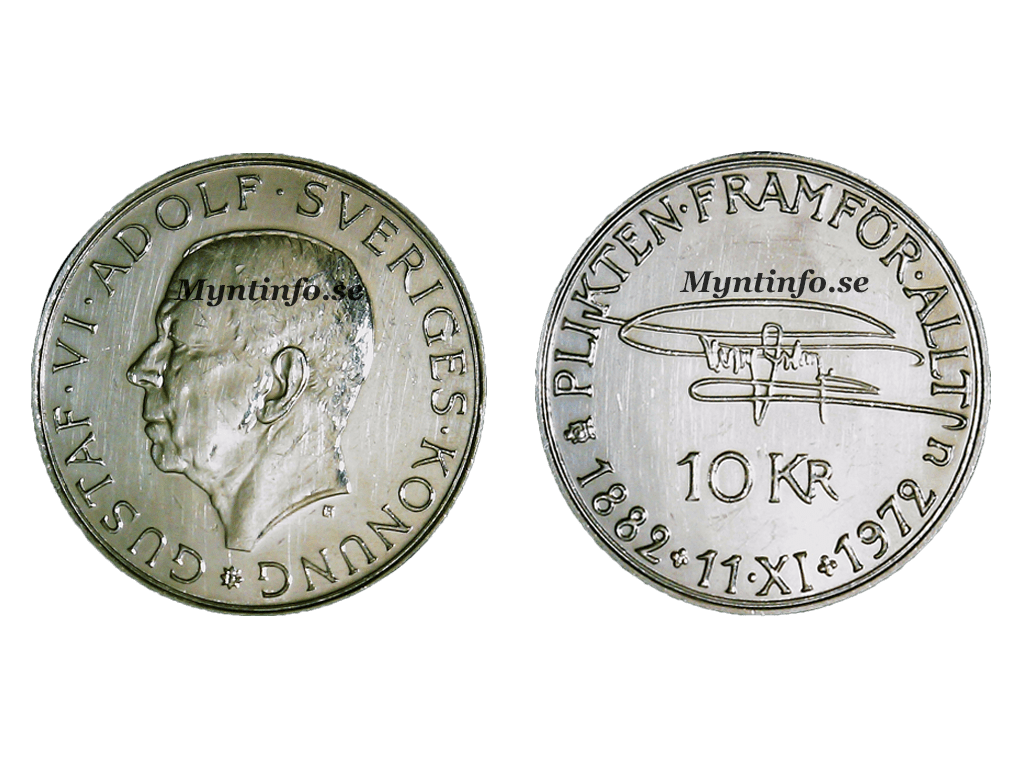 Mynt, framsida och baksida på en svensk 10 krona från 1972, 83,5% silver