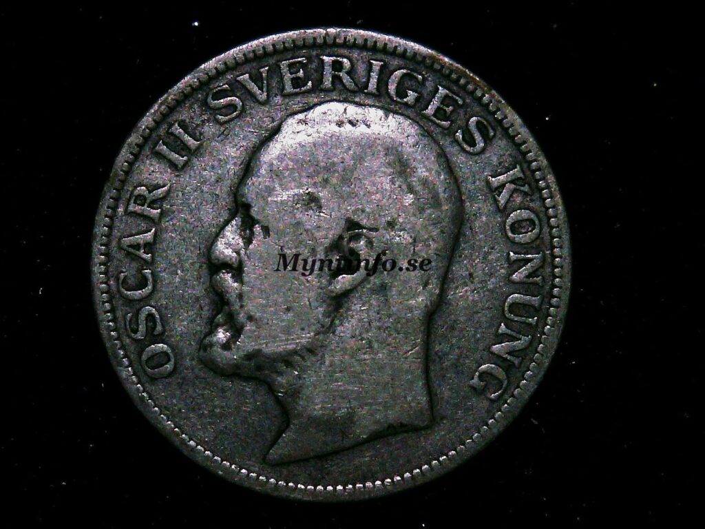Mynt, framsida/åtsida på en svensk 1 krona från 1907, 80% silver