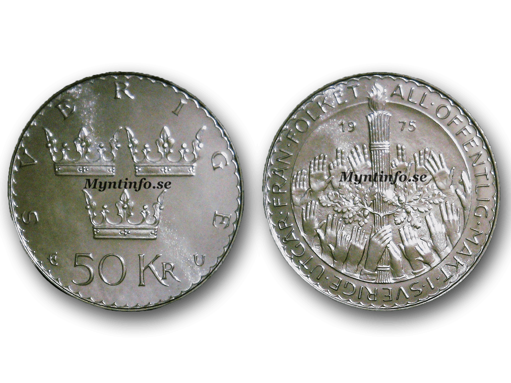 50 kronors mynt framsida och baksida från 1975 minnesmynt, 92,5% silver