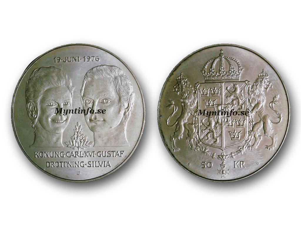 50 kronors mynt framsida och baksida från 1976 minnesmynt, 92,5% silver