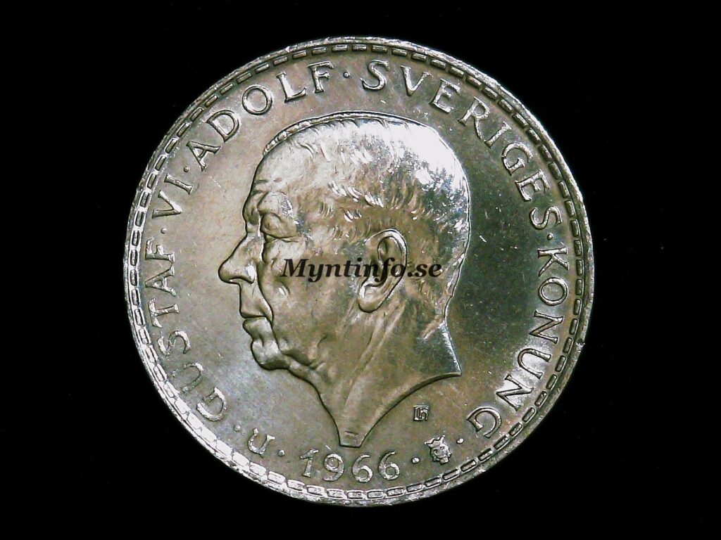 Mynt, framsida/åtsida på en svensk 5 krona från 1966 jubileumsmynt, 40% silver