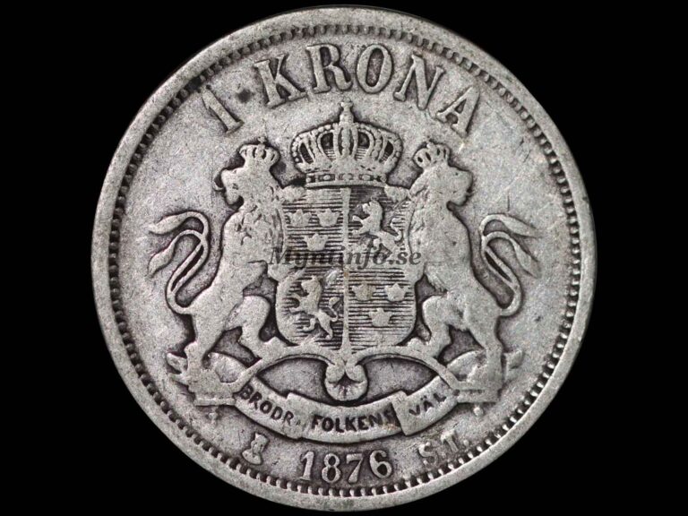 Mynt, baksida/frånsida på en svensk 1 krona från 1876, 80% silver
