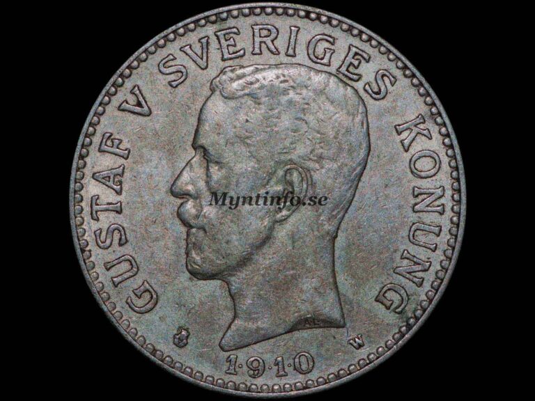 Framsida av en svensk 2-krona från 1910 (normal variant), fotograferad av myntinfo.se.