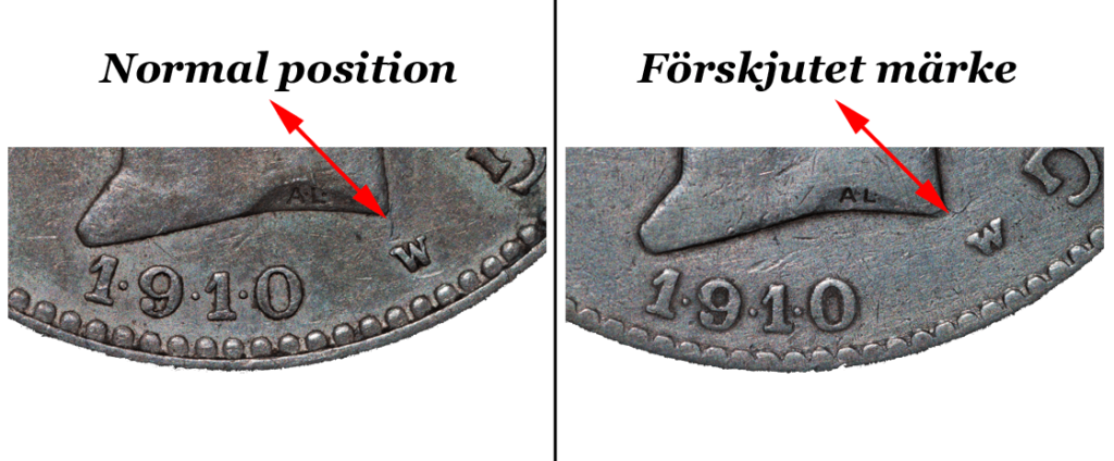 Samlingsbild från myntinfo.se som jämför framsidan av den "normala" svenska 2-kronan från 1910 med varianten med "förskjutet märke".