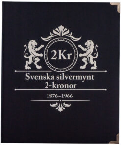 Framsida av myntalbum för svenska 2-kronor från 1876 till 1966, med text 'Svenska silvermynt 2-kronor 1876-1966'.