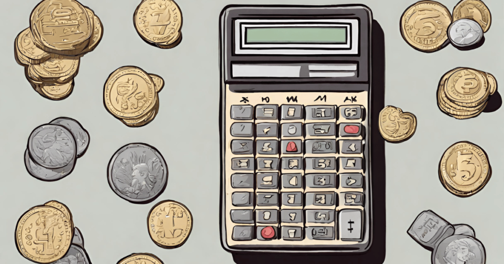 Tecknad bild av kalkylator och mynt, illustration för myntkalkylator, Myntinfo.se.