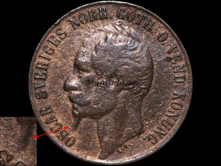 Svensk 5-öring 1857 med varianten "1-2-1-1 bär & 1-2-1-1-1 ekollon", framsida med Oscar I:s profil med bred skäggspets, "OSCAR SVERIGES NORR. GÖTH. O. VEND. KONUNG.", bild från Myntinfo.se.