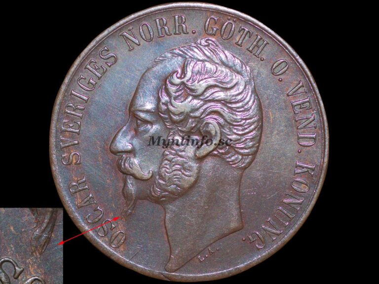 Svensk 5-öring 1857 med varianten "1-2-2-2 bär & 1-2-2-1-1 ekollon", framsida med Oscar I:s profil med bred skäggspets, "OSCAR SVERIGES NORR. GÖTH. O. VEND. KONUNG.", bild från Myntinfo.se.