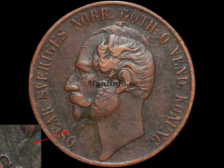 Svensk 5-öring 1857 med varianten "1-1-2-1-1 bär & 1-1-2-1-1 ekollon", framsida med Oscar I:s profil med smal skäggspets, "OSCAR SVERIGES NORR. GÖTH. O. VEND. KONUNG.", bild från Myntinfo.se.