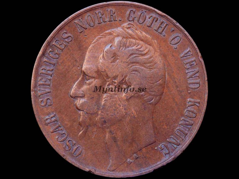 Svensk 5-öring 1858 med varianten "Tydlig rest av 8 på 7", framsida med Oscar I:s profil, "OSCAR SVERIGES NORR. GÖTH. O. VEND. KONUNG.", bild från Myntinfo.se.