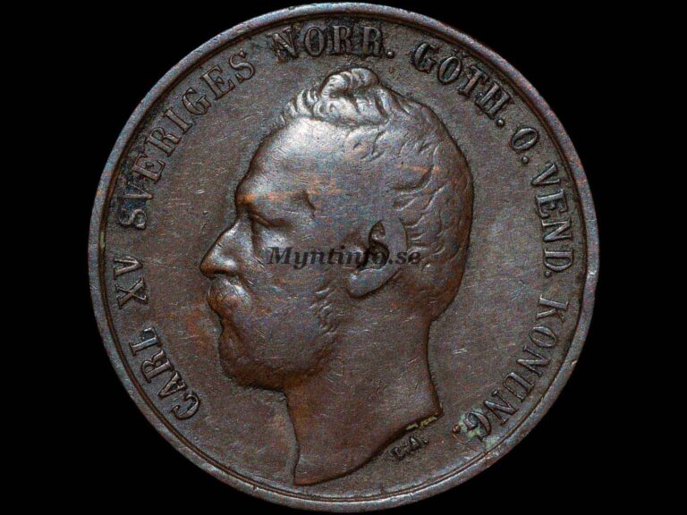 Svensk 5-öring 1860, framsida med Carl XV:s profil, "CARL XV SVERIGES NORR.GÖTH.O.VEND. KONUNG.", bild från Myntinfo.se.