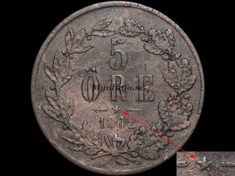 Svensk 5-öring 1862 med varianten "Stjärna ovanför årtalet", baksida med valören "5" och "ÖRE", eklövskrans, stjärna och årtal, bild från Myntinfo.se.