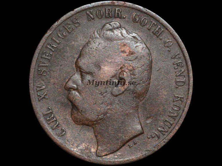 Svensk 5-öring 1862 med varianten "Stjärna ovanför årtalet", framsida med Carl XV:s profil, "CARL XV SVERIGES NORR.GÖTH.O.VEND. KONUNG.", bild från Myntinfo.se.