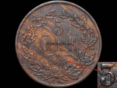 Svensk 5-öring 1863 med varianten "3 på 2", baksida med valören "5" och "ÖRE", eklövskrans, stjärna och årtal, bild från Myntinfo.se.