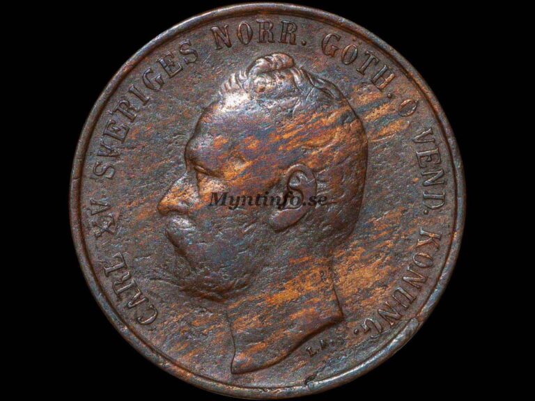Svensk 5-öring 1863 med varianten "3 på 2", framsida med Carl XV:s profil, "CARL XV SVERIGES NORR.GÖTH.O.VEND. KONUNG.", bild från Myntinfo.se.