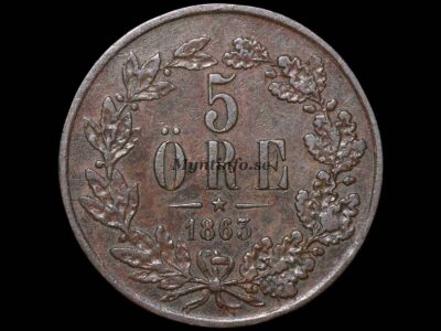 Svensk 5-öring 1863, baksida med valören "5" och "ÖRE", eklövskrans, stjärna och årtal, bild från Myntinfo.se.