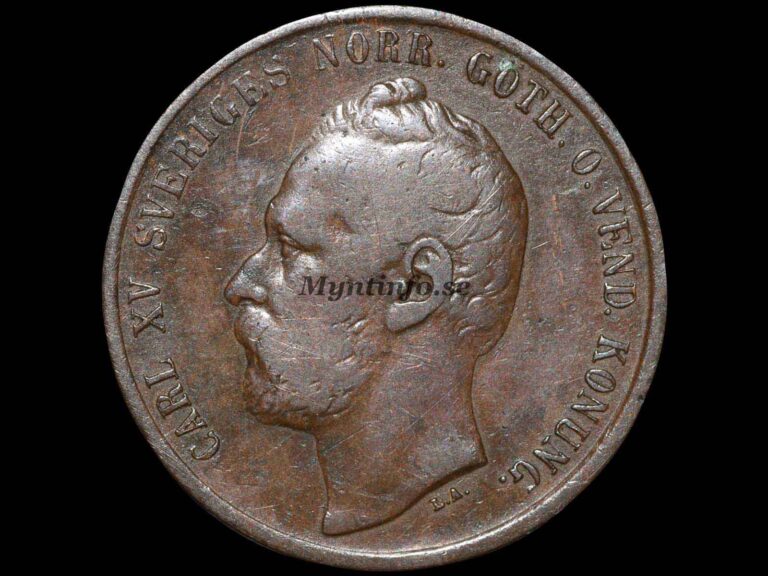 Svensk 5-öring 1863, framsida med Carl XV:s profil, "CARL XV SVERIGES NORR.GÖTH.O.VEND. KONUNG.", bild från Myntinfo.se.