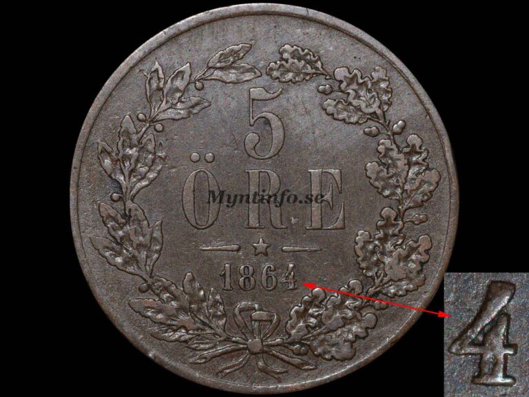 Svensk 5-öring 1864 med varianten "Ren 4 & Mellanstort L.A.", baksida med valören "5" och "ÖRE", eklövskrans, stjärna och årtal, bild från Myntinfo.se.
