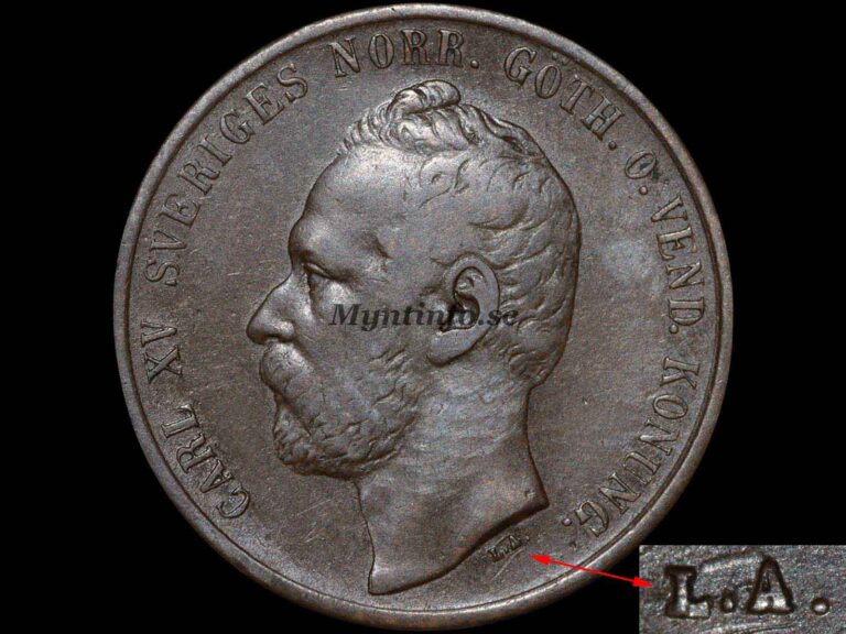 Svensk 5-öring 1864 med varianten "Ren 4 & Mellanstort L.A.", framsida med Carl XV:s profil, "CARL XV SVERIGES NORR.GÖTH.O.VEND. KONUNG.", bild från Myntinfo.se.
