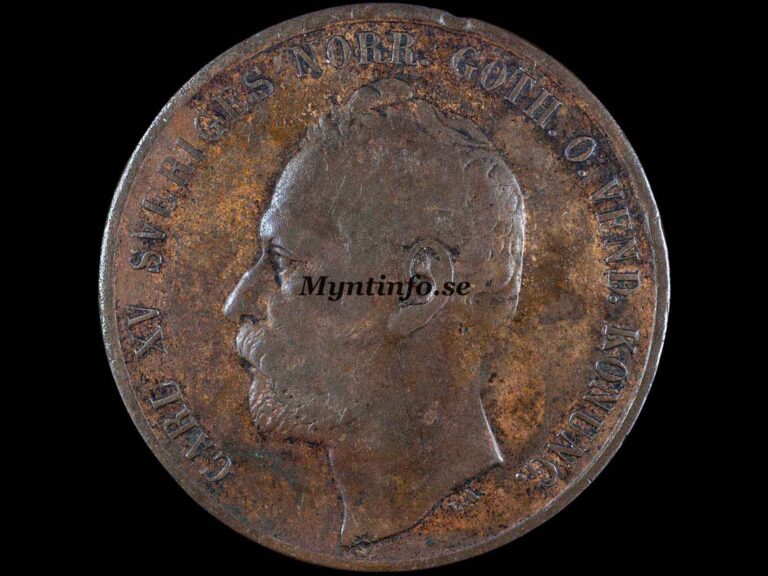 Svensk 5-öring 1865, framsida med Carl XV:s profil, "CARL XV SVERIGES NORR.GÖTH.O.VEND. KONUNG.", bild från Myntinfo.se.