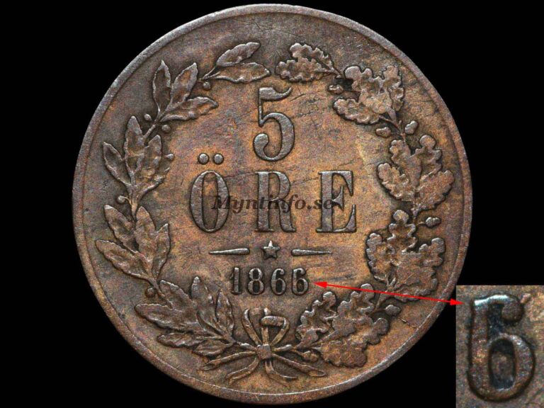Svensk 5-öring 1866 med varianten "Mellanstort L.A. & sista 6 på 5", baksida med valören "5" och "ÖRE", eklövskrans, stjärna och årtal, bild från Myntinfo.se.
