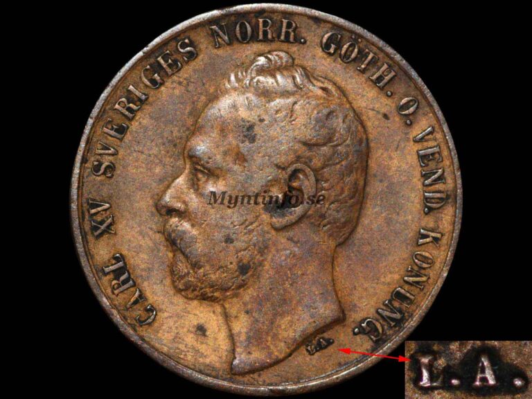 Svensk 5-öring 1866, framsida med Carl XV:s profil, "CARL XV SVERIGES NORR.GÖTH.O.VEND. KONUNG.", variant med mellanstort L.A. & sista 6 på 5, bild från Myntinfo.se.