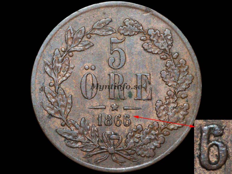 Svensk 5-öring 1866 med varianten "Stort L.A. på A.L. & sista 6 på 5", baksida med valören "5" och "ÖRE", eklövskrans, stjärna och årtal, bild från Myntinfo.se.
