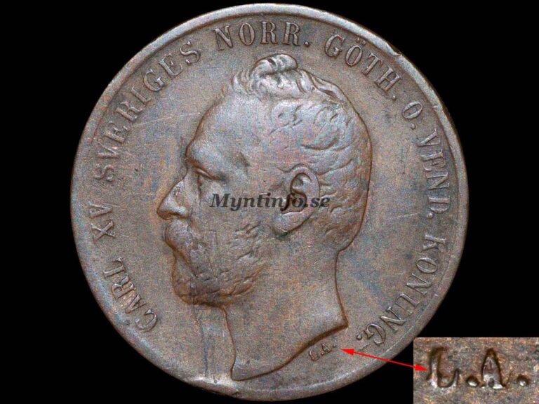 Svensk 5-öring 1866, framsida med Carl XV:s profil, "CARL XV SVERIGES NORR.GÖTH.O.VEND. KONUNG.", variant med Stort L.A. på A.L. & sista 6 på 5, bild från Myntinfo.se.