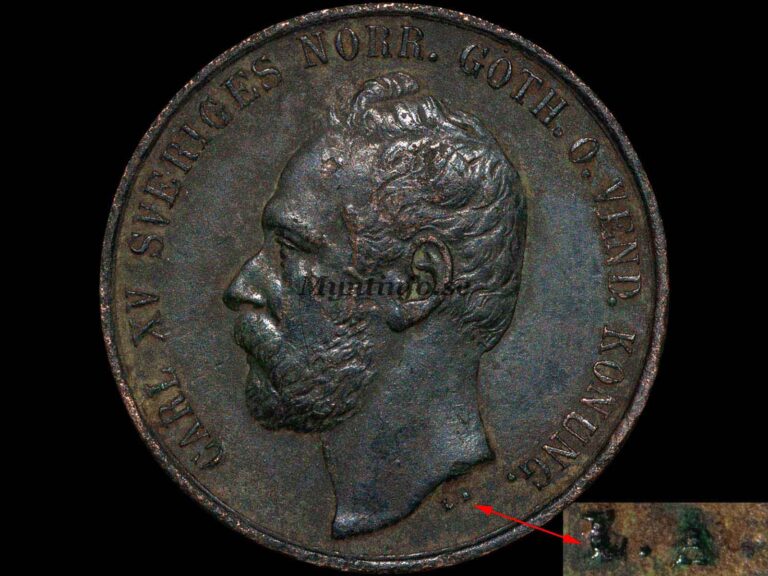 Svensk 5-öring 1867, framsida med Carl XV:s profil, "CARL XV SVERIGES NORR.GÖTH.O.VEND. KONUNG.", variant med litet "L.A.", bild från Myntinfo.se.
