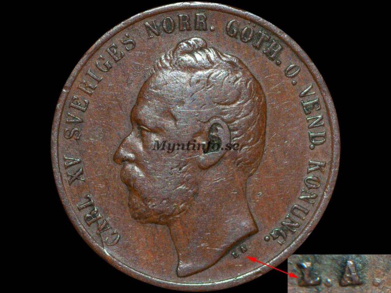 Svensk 5-öring 1867, framsida med Carl XV:s profil, "CARL XV SVERIGES NORR.GÖTH.O.VEND. KONUNG.", variant med mellanstort "L.A." och 6 på 8, bild från Myntinfo.se.