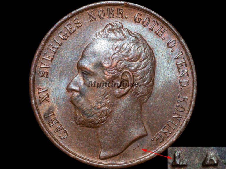 Svensk 5-öring 1872, framsida med Carl XV:s profil, "CARL XV SVERIGES NORR.GÖTH.O.VEND. KONUNG.", variant med litet "L A", bild från Myntinfo.se.
