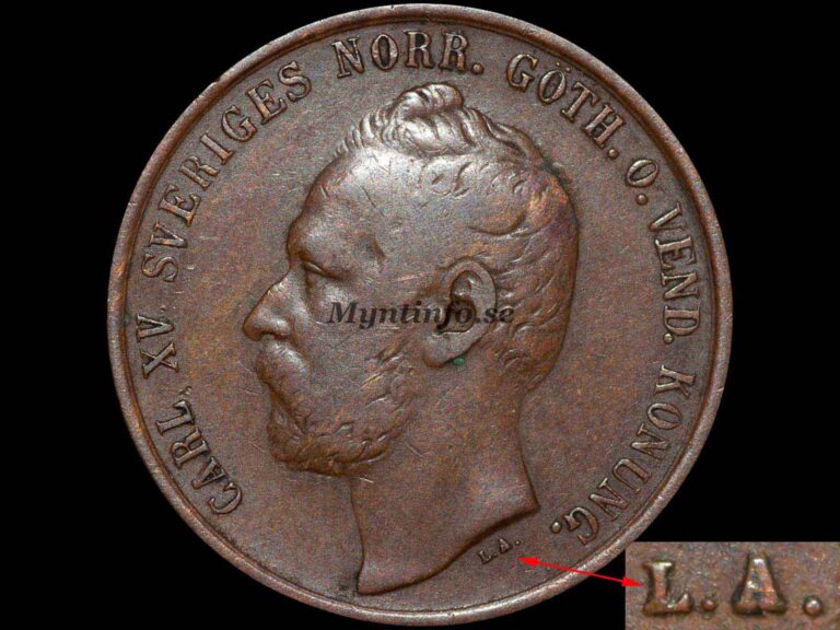 Svensk 5-öring 1872, framsida med Carl XV:s profil, "CARL XV SVERIGES NORR.GÖTH.O.VEND. KONUNG.", variant med mellanstort "L.A.", bild från Myntinfo.se.