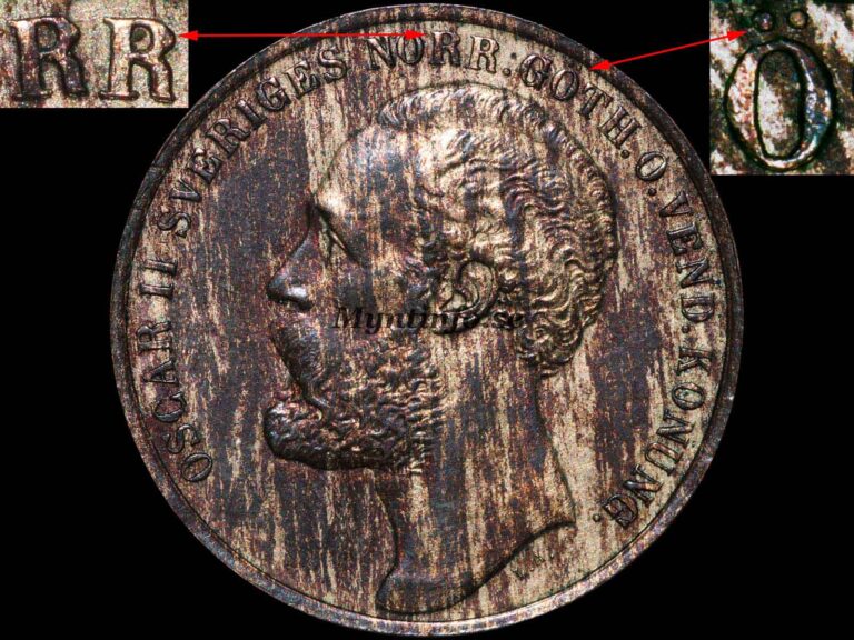 Svensk 5-öring 1873 med varianten "Ren 3 på 2, Öppna R och Ö med prickar", framsida med Oscar II:s profil, "OSCAR II SVERIGES NORR.GÖTH.O.VEND. KONUNG.", och "L.A.", bild från Myntinfo.se.