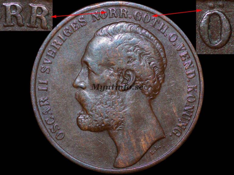 Svensk 5-öring 1873 med varianten "Ren 3, Öppna R och Ö med prickar", framsida med Oscar II:s profil, "OSCAR II SVERIGES NORR.GÖTH.O.VEND. KONUNG.", och "L.A.", bild från Myntinfo.se.