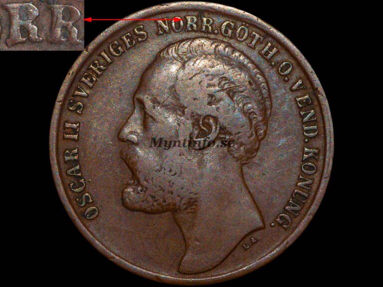 Svensk 5-öring 1873 med varianten "Ren 3 och R Slutna nertill", framsida med Oscar II:s profil, "OSCAR II SVERIGES NORR.GÖTH.O.VEND. KONUNG.", och "L.A.", bild från Myntinfo.se.