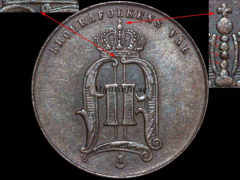 Svensk 5-öring 1874 med varianten "4 punkter i mittbågen, Stort kors & utan striering", framsida med Oscar II:s monogram, "BRÖDRAFOLKENS VÄL" och S:t Eriksvapnet, bild från Myntinfo.se.