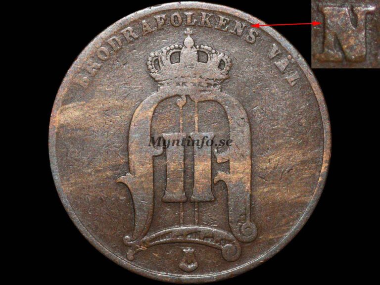 Svensk 5-öring 1879 med varianten "Brett N", framsida med Oscar II:s monogram, "BRÖDRAFOLKENS VÄL" och S:t Eriksvapnet, bild från Myntinfo.se.