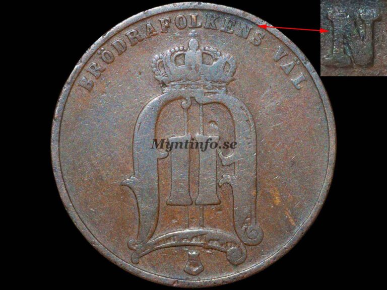 Svensk 5-öring 1880 med varianten "Brett N & 8 på 7", framsida med Oscar II:s monogram, "BRÖDRAFOLKENS VÄL" och S:t Eriksvapnet, bild från Myntinfo.se.