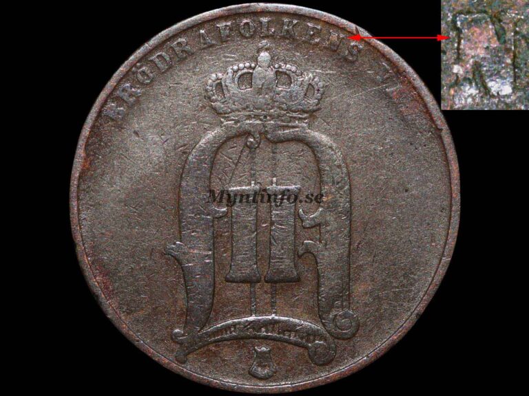 Svensk 5-öring 1880 med varianten "Smalt N", framsida med Oscar II:s monogram, "BRÖDRAFOLKENS VÄL" och S:t Eriksvapnet, bild från Myntinfo.se.