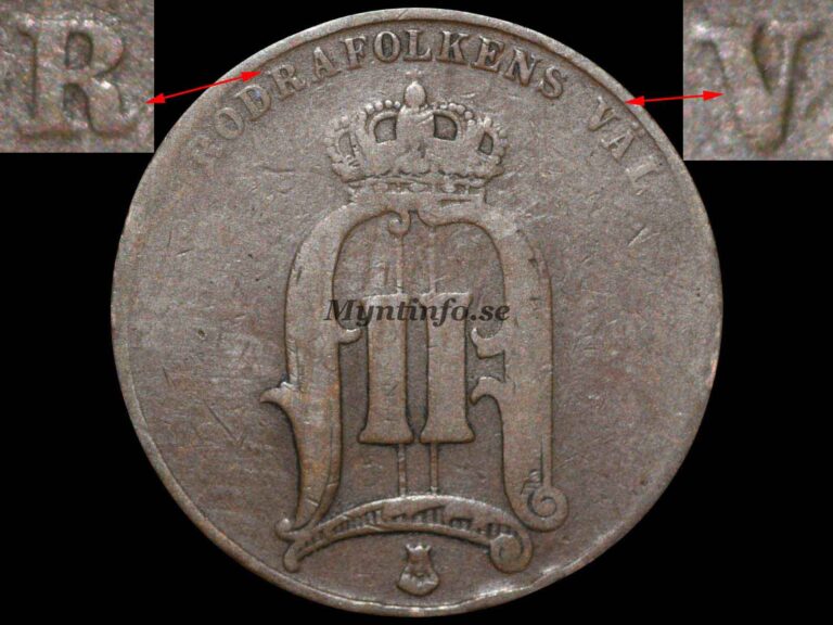 Svensk 5-öring 1881 med varianten "smalt V & R med uppåtböjd spets", framsida med Oscar II:s monogram, "BRÖDRAFOLKENS VÄL" och S:t Eriksvapnet, bild från Myntinfo.se.