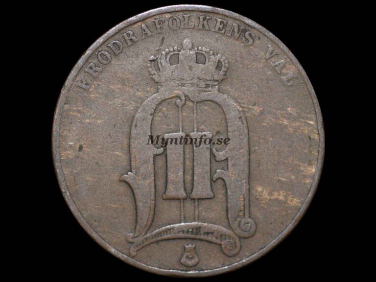 Svensk 5-öring 1885, framsida med Oscar II:s monogram, "BRÖDRAFOLKENS VÄL" och S:t Eriksvapnet, bild från Myntinfo.se.