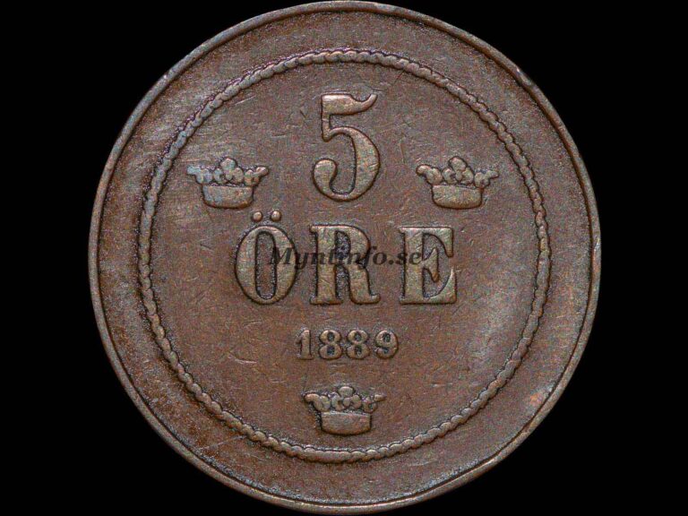 Svensk 5-öring 1889 med varianten "Kort text" , baksida med valören "5" och "ÖRE", tre små kronor i triangelform, årtalet under "ÖRE", bild från Myntinfo.se.