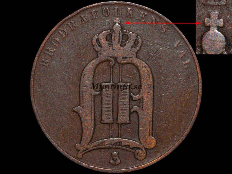Svensk 5-öring 1889 med varianten "Lång text & stort kors", framsida med Oscar II:s monogram, "BRÖDRAFOLKENS VÄL" och S:t Eriksvapnet, bild från Myntinfo.se.