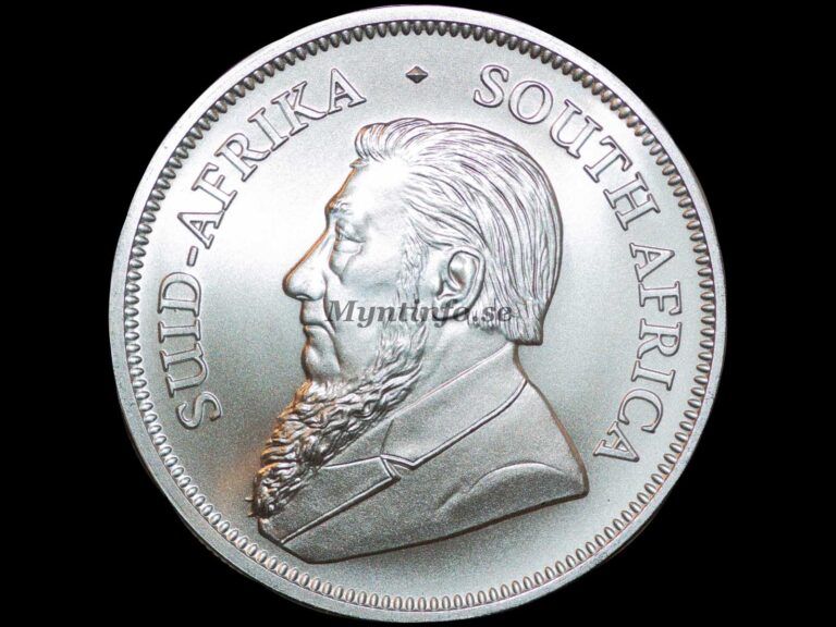 Silver Krugerrand 2024, framsida med Paul Kruger, "SUID-AFRIKA" "SOUTH AFRICA", bild från Myntinfo.se.