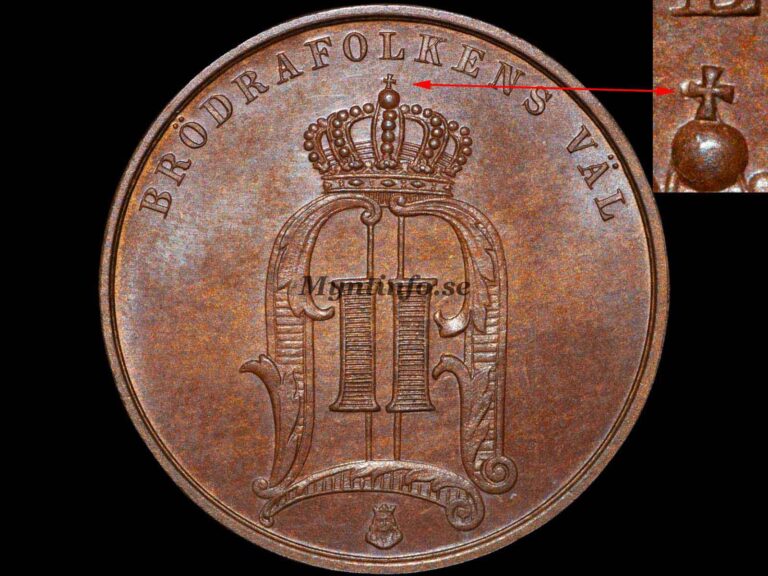 Svensk 5-öring 1897 med varianten "Litet lutande kors", framsida med Oscar II:s monogram, "BRÖDRAFOLKENS VÄL" och S:t Eriksvapnet, bild från Myntinfo.se.