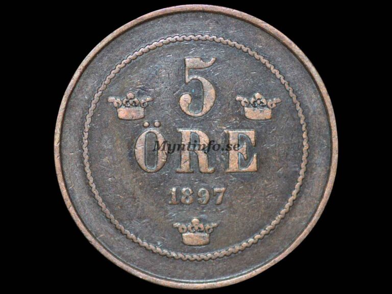 Svensk 5-öring 1897 med varianten "Normala korset", baksida med valören "5" och "ÖRE", tre små kronor i triangelform, årtalet under "ÖRE", bild från Myntinfo.se.