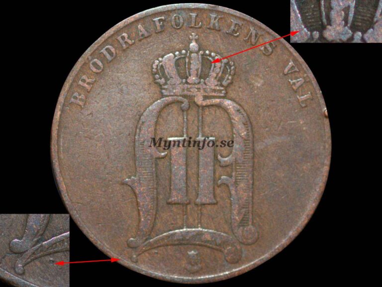 Svensk 5-öring 1898 med varianten "5-8 linjer & monogrammet når kanten", framsida med Oscar II:s monogram, "BRÖDRAFOLKENS VÄL" och S:t Eriksvapnet, bild från Myntinfo.se.