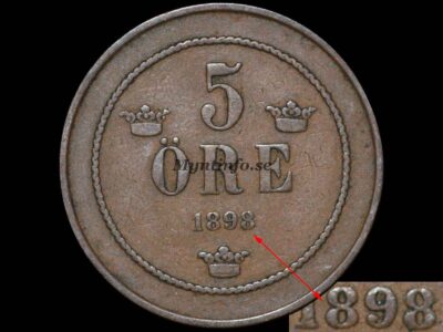 Svensk 5-öring 1898 med varianten "4 linjer & ovala öglor", baksida med valören "5" och "ÖRE", tre små kronor i triangelform, årtalet under "ÖRE", bild från Myntinfo.se.