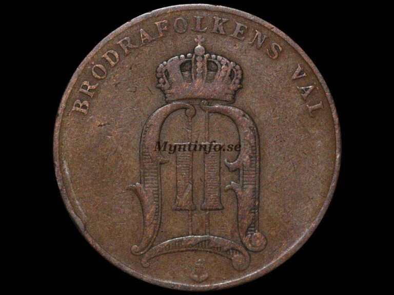 Svensk 5-öring 1900, framsida med Oscar II:s monogram, "BRÖDRAFOLKENS VÄL" och S:t Eriksvapnet, bild från Myntinfo.se.