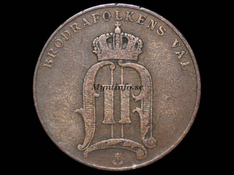 Svensk 5-öring 1901, framsida med Oscar II:s monogram, "BRÖDRAFOLKENS VÄL" och S:t Eriksvapnet, bild från Myntinfo.se.